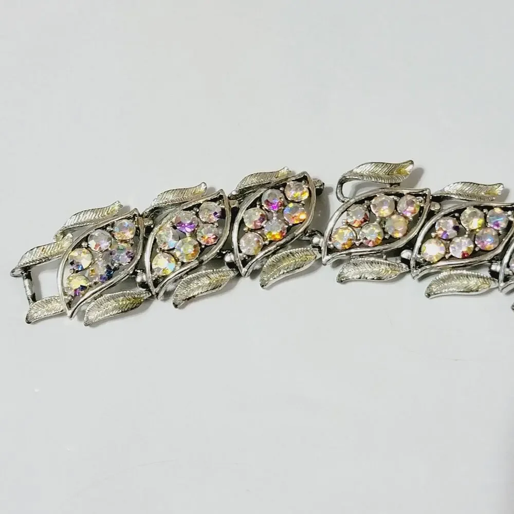 Coro AB Rhinestone Leaf Bracelet Silver Tone Mid Century 7